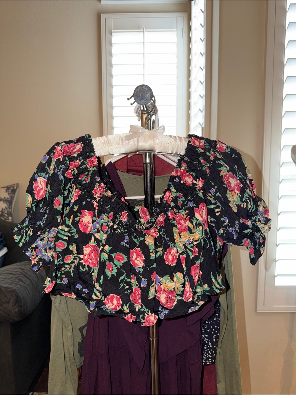 Free People Black Floral Smocked Crop Top with Pink Roses